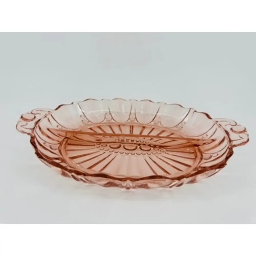 Vintage Anchor Hocking Pink Depression Glass Relish Dish Oval Handled Serving